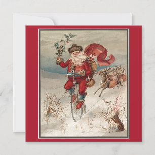 Vintage Christmas Santa Riding Bicycle  Holiday Card