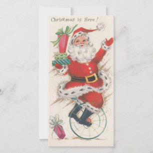 Vintage Christmas Santa Riding Unicycle Holiday Card