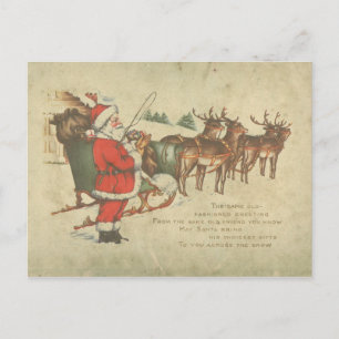 Vintage Christmas Santa Sleigh Reindeer Holiday Postcard
