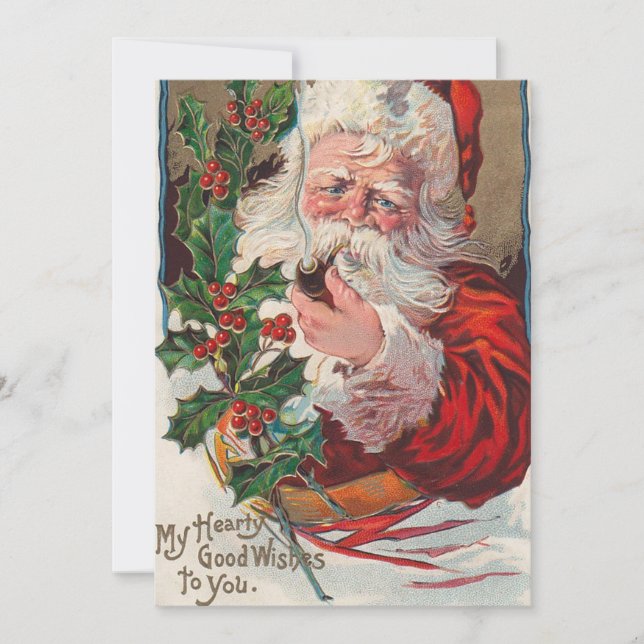 Vintage Christmas Santa Smoking Pipe Holiday Card (Front)