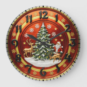 Vintage Christmas Santa Tree Reindeer Holiday Wall Large Clock