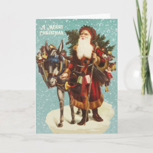 Vintage Christmas Santa with Donkey Tree and Toys Card