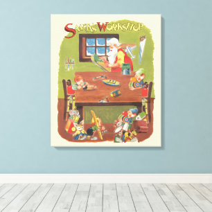 Vintage Christmas Santa with Elves in the Workshop Canvas Print