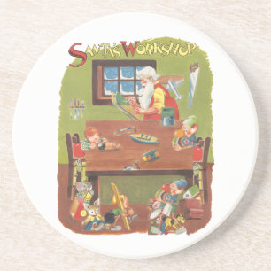 Vintage Christmas Santa with Elves in the Workshop Coaster