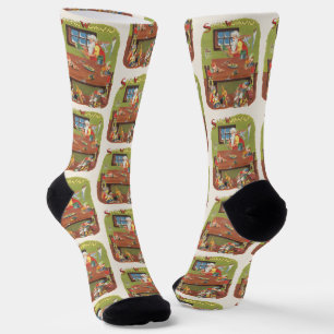 Vintage Christmas Santa with Elves in the Workshop Socks