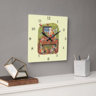 Vintage Christmas Santa with Elves in the Workshop Square Wall Clock