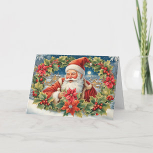 Vintage Christmas Santa With Poinsettia Wreath  Holiday Card
