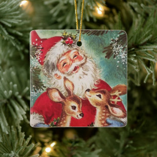 Vintage Christmas Santa With Reindeer Ceramic Ornament