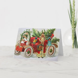 Vintage Christmas Santa with Toys and Red Car Holiday Card