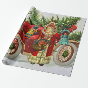 Vintage Christmas Santa with Toys and Red Car Wrapping Paper