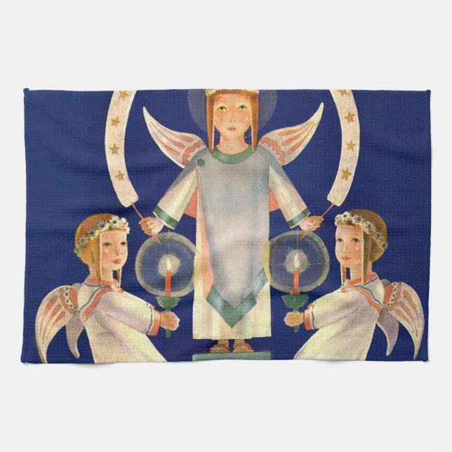 Vintage Christmas, Scandinavian Santa Lucia Angels Tea Towel (Horizontal)