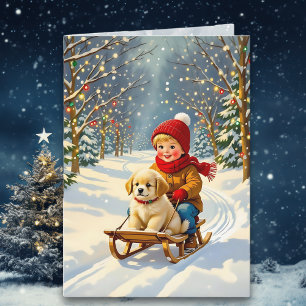 Vintage Christmas Scene, Boy on Sled with Puppy Card