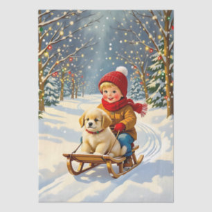 Vintage Christmas Scene, Boy on Sled with Puppy Tissue Paper