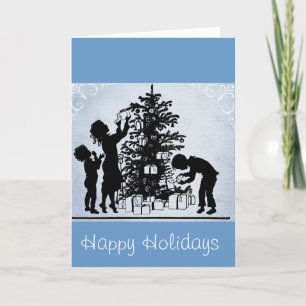 Vintage Christmas Scene in Blue Greeting Card