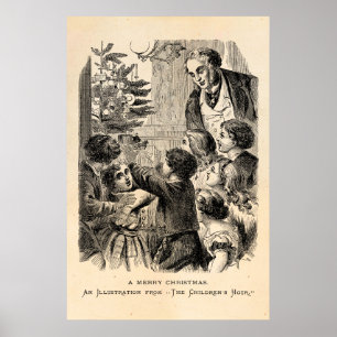 Vintage Christmas Scene Victorian Children by Tree Poster