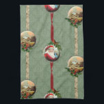 Vintage Christmas Scenes and Damask Tea Towel<br><div class="desc">Rich Victorian inspired design featuring circular vignettes of a winter scene and vintage smiling Santa on filigree frames with holly embellishments and satin ribbons on a soft hunter green damask background.</div>