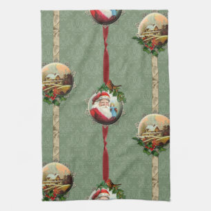 Vintage Christmas Scenes and Damask Tea Towel