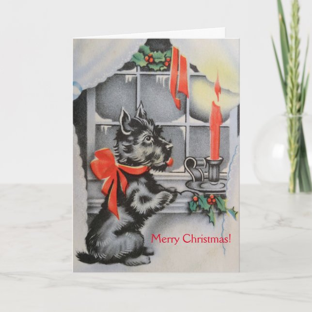Vintage Christmas Scottie Dog, Holiday Card (Front)