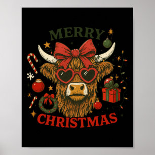Vintage Christmas Scottish Highland Cow Santa Xmas Poster