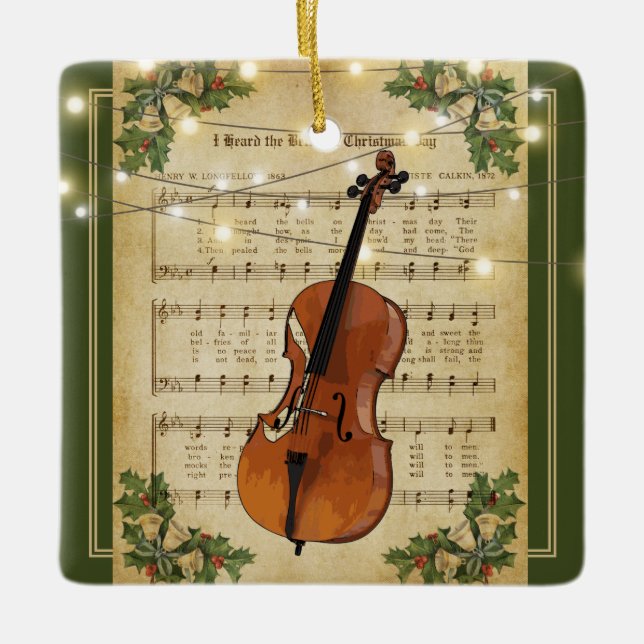 Vintage Christmas Sheet Music Cello Ceramic Ornament (Front)