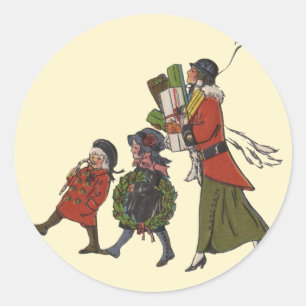 Vintage Christmas Shopping Family Fun Classic Round Sticker