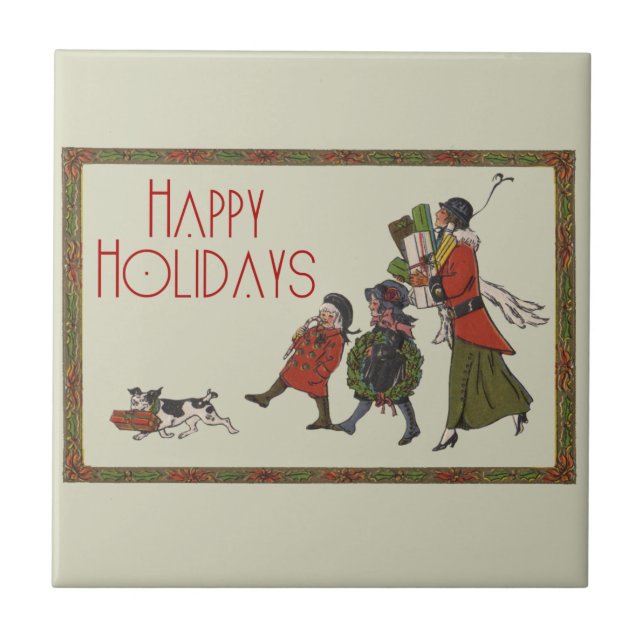 Vintage Christmas Shopping Family Fun Tile (Front)