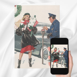 Vintage Christmas, Shopping Presents Policeman Holiday Card