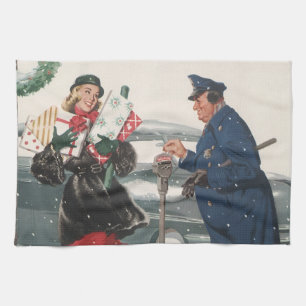 Vintage Christmas, Shopping Presents Policeman Tea Towel