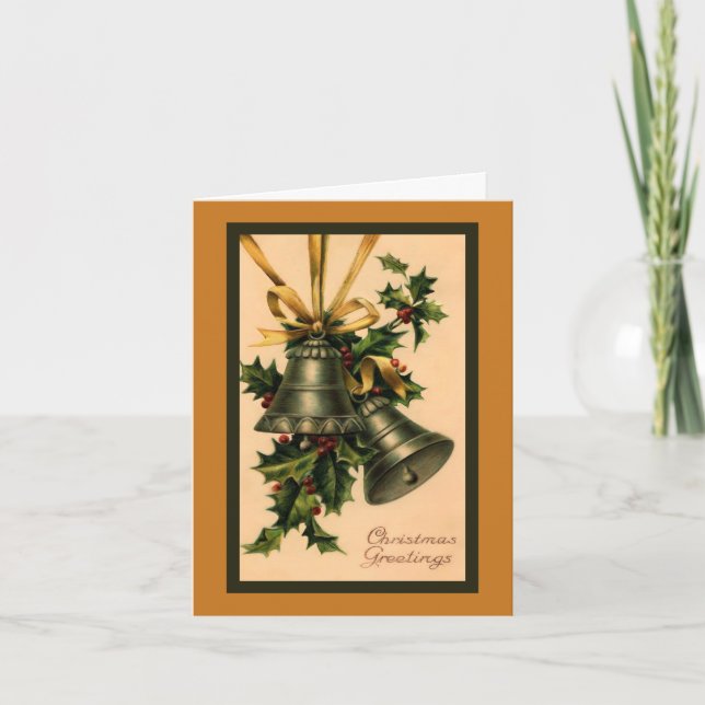 Vintage Christmas, Silver Bells Gold Ribbon Holiday Card (Front)