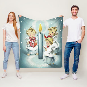 Vintage Christmas Singing Angels Blue Candle  Fleece Blanket