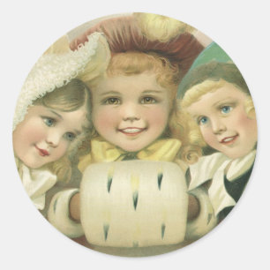 Vintage Christmas Sisters, Victorian Children Classic Round Sticker