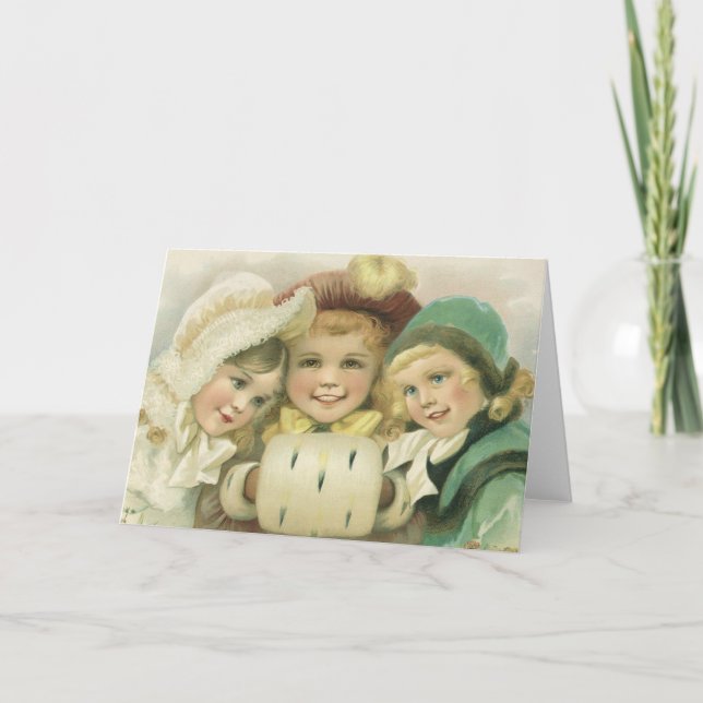 Vintage Christmas Sisters, Victorian Children Holiday Card (Front)