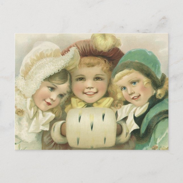 Vintage Christmas Sisters, Victorian Children Holiday Postcard (Front)
