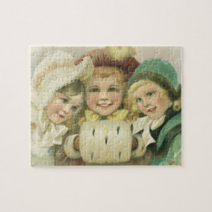 Vintage Christmas Sisters, Victorian Children Jigsaw Puzzle