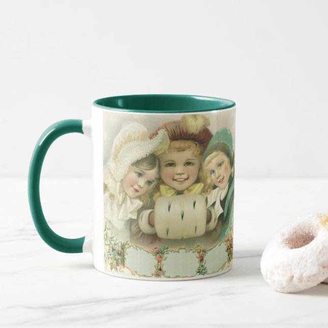 Vintage Christmas Sisters, Victorian Children Mug (With Donut)