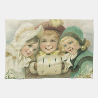 Vintage Christmas Sisters, Victorian Children Tea Towel