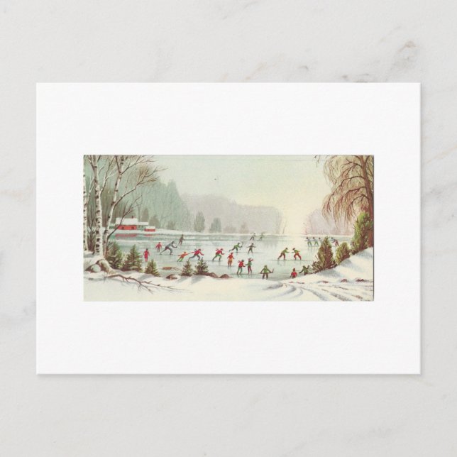 Vintage Christmas Skating On Pond Holiday Postcard (Front)
