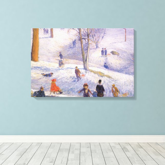 Vintage Christmas, Sledding, Central Park Glackens Canvas Print (Insitu(Wood Floor))