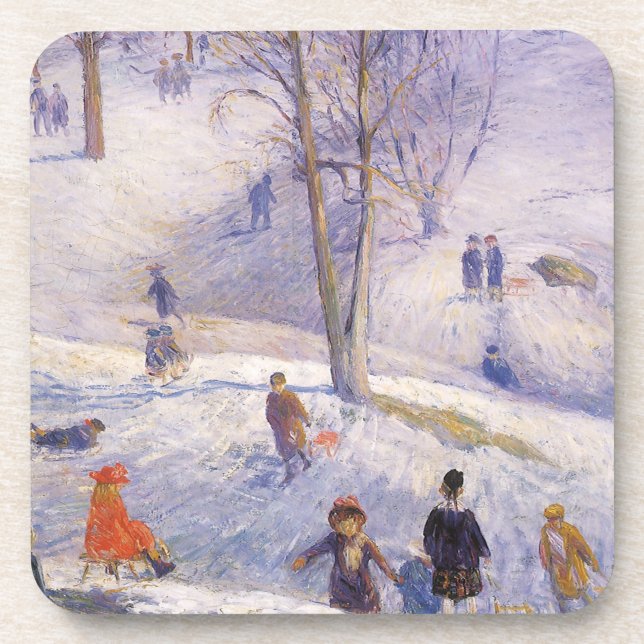 Vintage Christmas, Sledding, Central Park Glackens Coaster (Front)