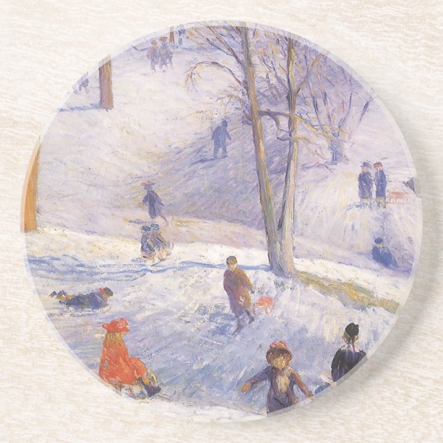 Vintage Christmas, Sledding, Central Park Glackens Coaster (Front)