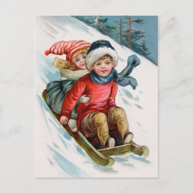 Vintage Christmas Sledding Postcards (Front)