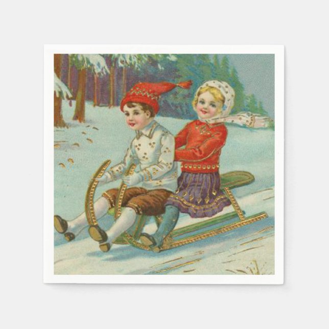 Vintage Christmas Sledding with Children Napkin (Front)