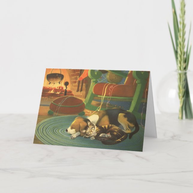 Vintage Christmas, Sleeping Animals by Fireplace Holiday Card (Front)