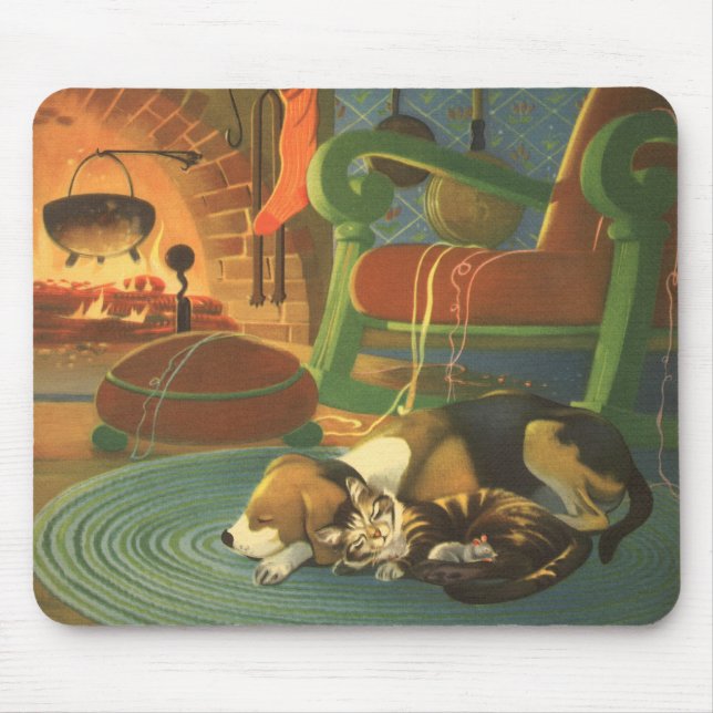 Vintage Christmas, Sleeping Animals by Fireplace Mouse Pad (Front)