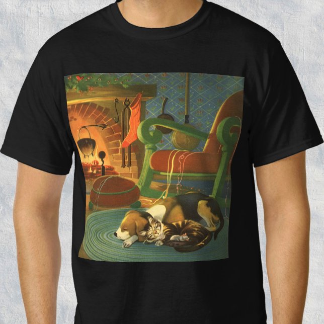 Vintage Christmas, Sleeping Animals by Fireplace T-Shirt (Creator Uploaded)