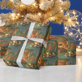 Vintage Christmas, Sleeping Animals by Fireplace Wrapping Paper