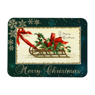 Vintage Christmas Sleigh,Mistletoe Snowflakes Magnet