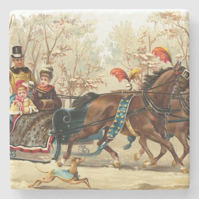 Vintage Christmas Sleigh Ride Stone Coaster (Front)