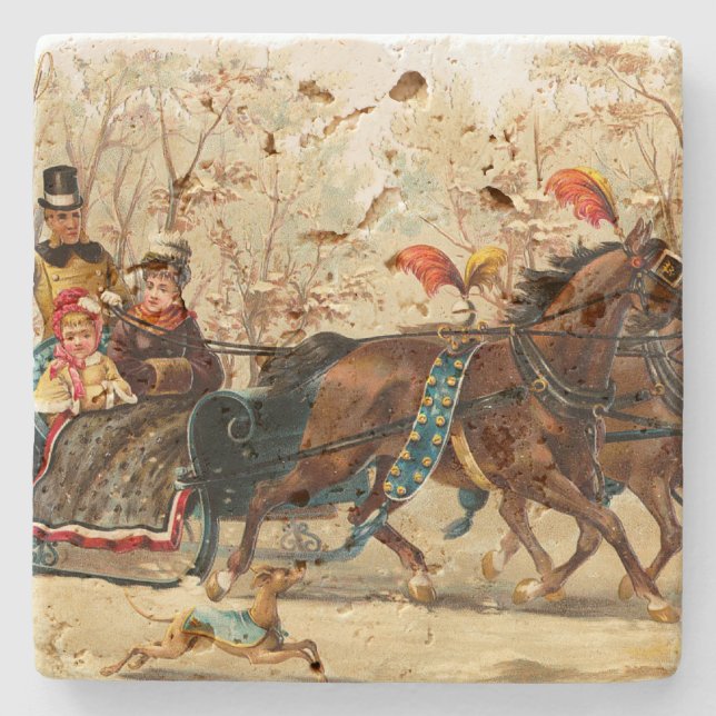 Vintage Christmas Sleigh Ride Stone Coaster (Front)