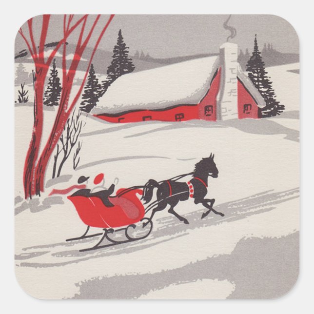 Vintage Christmas Sleigh Snow Scene Square Sticker (Front)